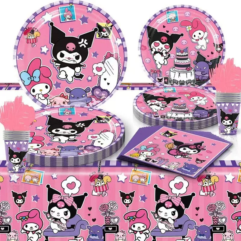 Sanrio Kuromi My Melody Theme Birthday Party Supplies Tableware Set Children Birthday Party Cutlery Decoration Napkin Paper Cup