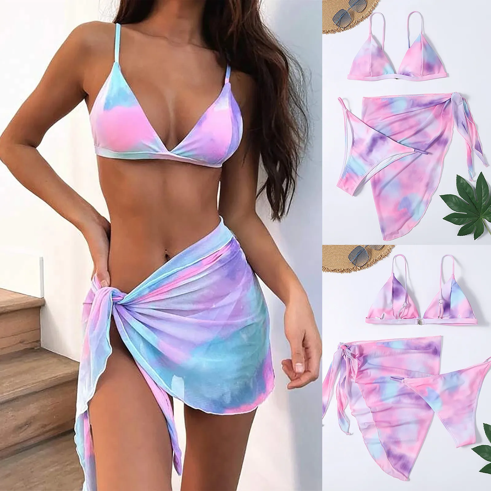 

Swim Suit For Women Personality Tie Dye Printed Skirts Bikinis Sets Mesh Split Splicing Three-Piece Athletic Summer Swimsuit