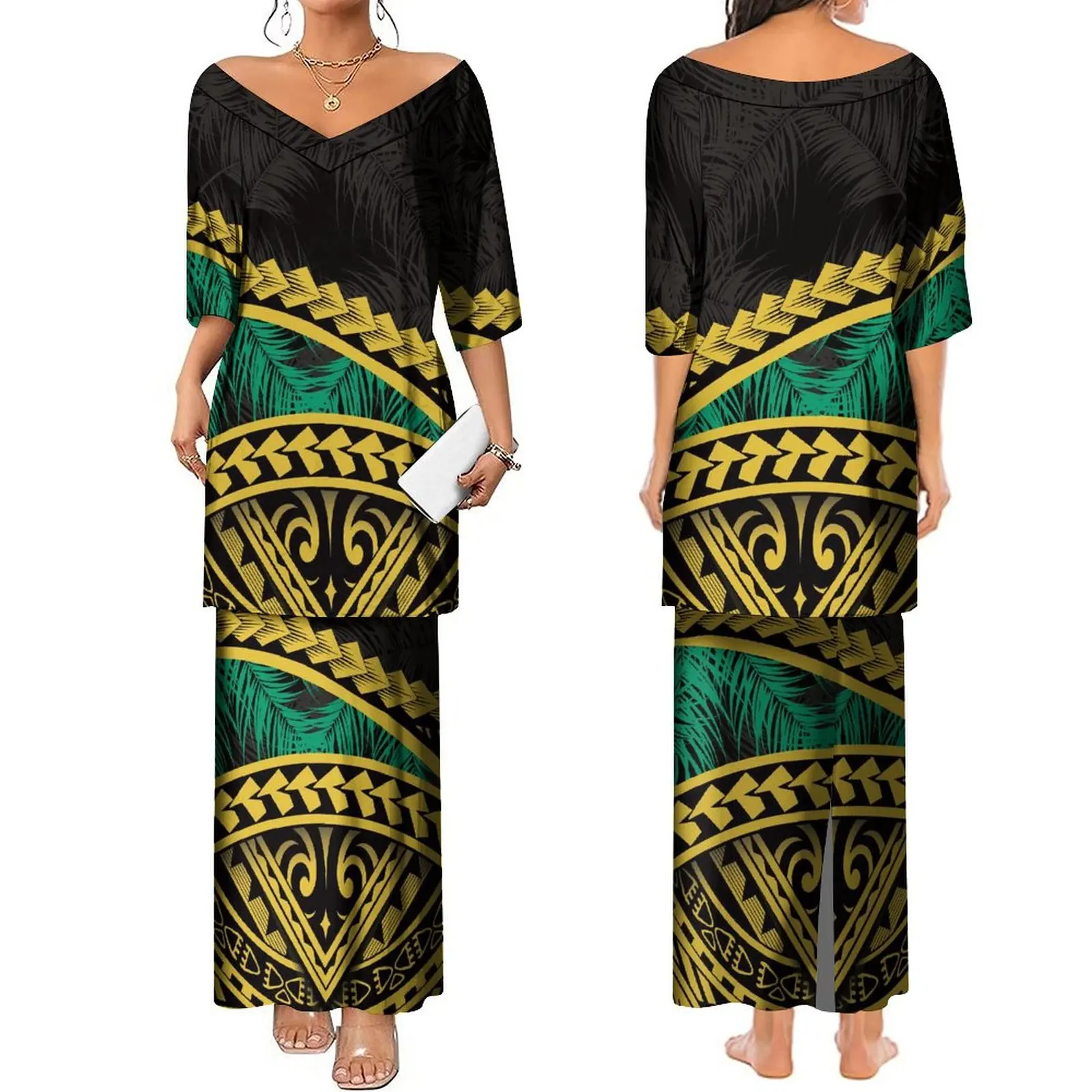 Women'S V-Neck Dress Puletasi Dress Hawaiian Polynesian Tribe Design Women'S Dress Support Customization