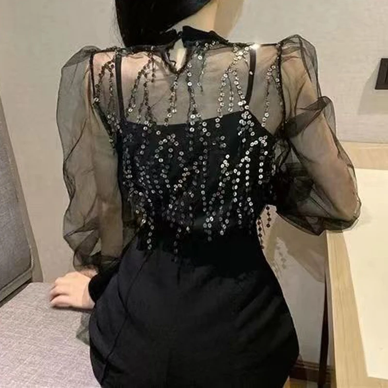 Women Clothing Sexy See Through Transparent Mesh Sequins Long Sleeve T-shirt Black Slim Spaghetti Strap Clubwear Tank Tops Sets