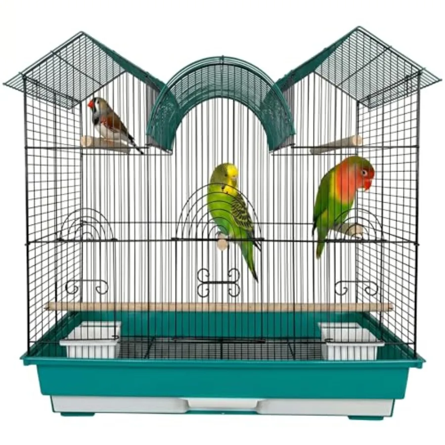 

Small bird cage for home use powder-coated steel teal triple-top design with 2 feeder stations 3 wood perches slide-out tray an