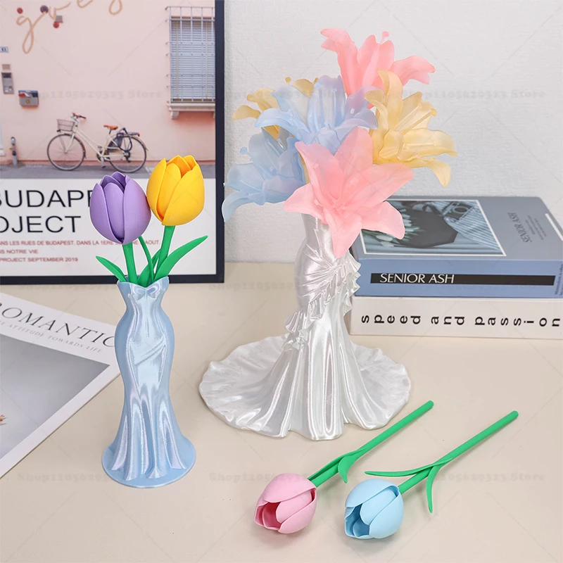 3D Printed Translucent Lily Tulip Moth Orchid Artificial Flowers, Bouquet Ornament Warm home Desktop Vase Decor Souvenir Gift