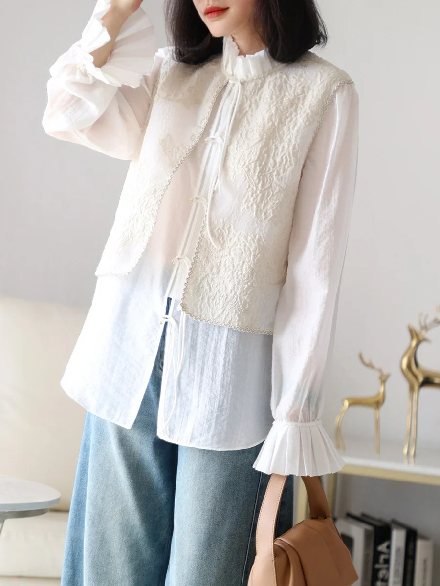 

Шелковая вышитая блузка с золотым рельефным цветочным узором, свободного кроя, с рукавами-фонариками, на пуговицах, средней длины, женская, специальное предложение, новинка