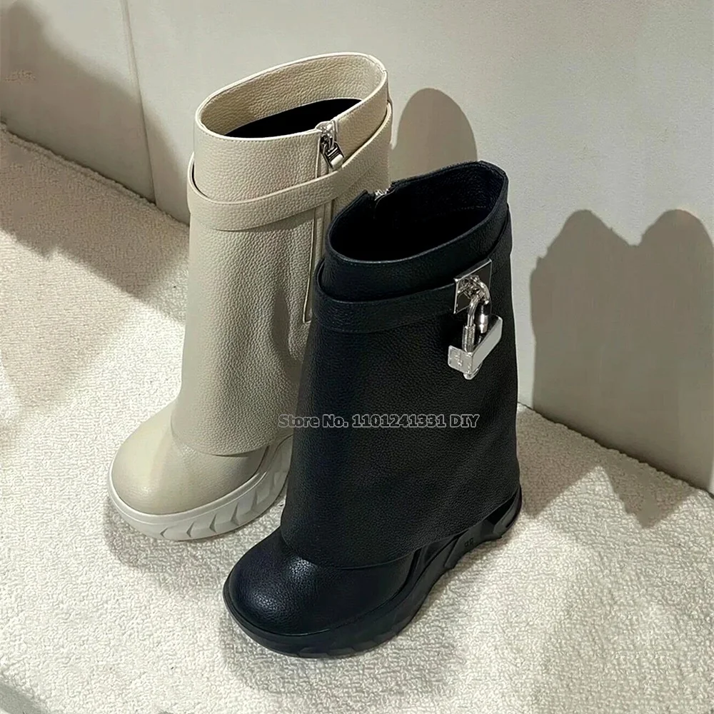 Real Cow Leather Platform Lock Designer Shark Boots Women Warm Wool Fur Inside Snow Boots Slip On Winter Boot