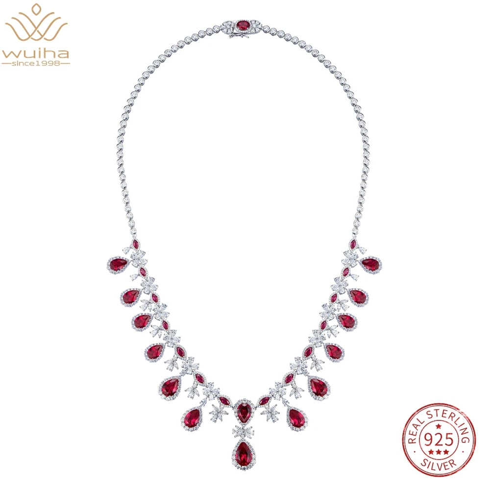 

WUIHA Real 925 Sterling Silver 3EX Pear Cut VVS Ruby Simulated Moissanite Cocktail Chains Necklaces for Women Gift Drop Shipping