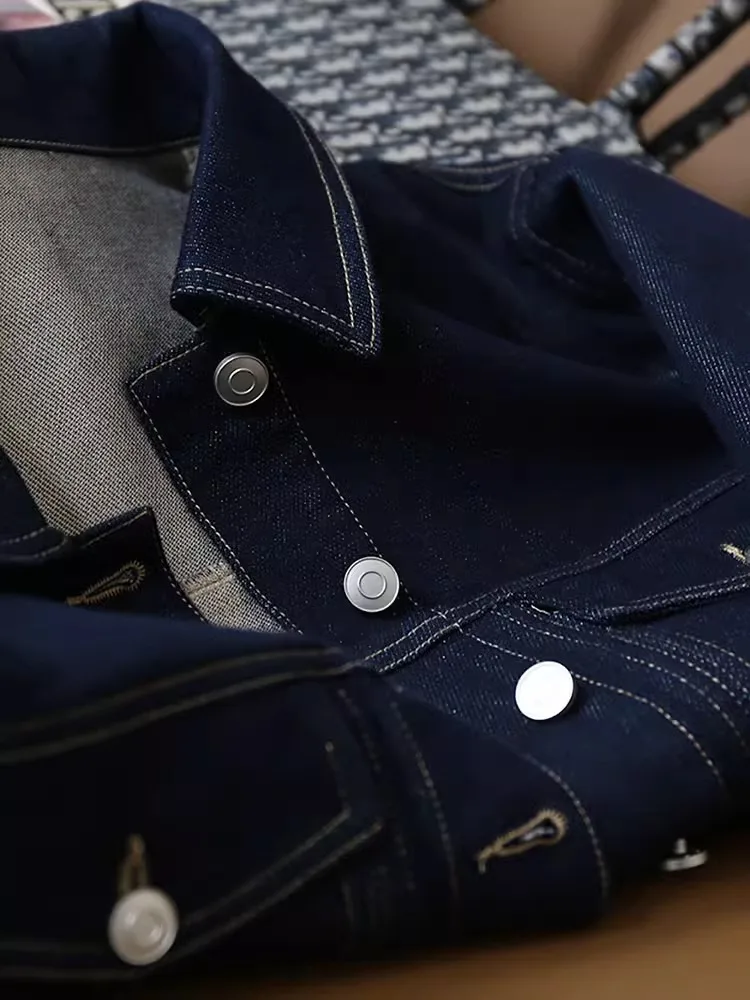 Vintage Bright Line Color Collision Workwear Džínová bunda Dámská jarní a podzimní tenká malá tenká krátká studentská halenka - náhled 3