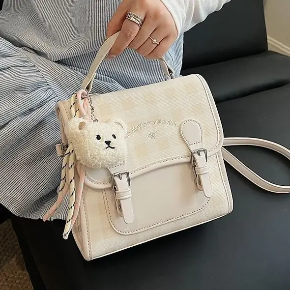 Sweet Cute Preppy Style Backpack Women Korean Square Embroidery Letter Shoulder Bag Ladies Plaid Multi Functional Crossbody Bags