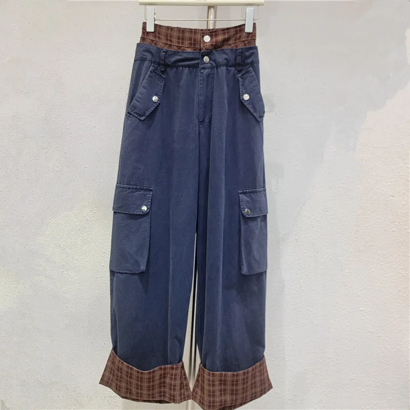 WTHT 2025 Autumn Trendy Women's Patchwork Contrast Color Plaid Casual Cargo Pants Double Waist Straight Trousers Female 1LS2712