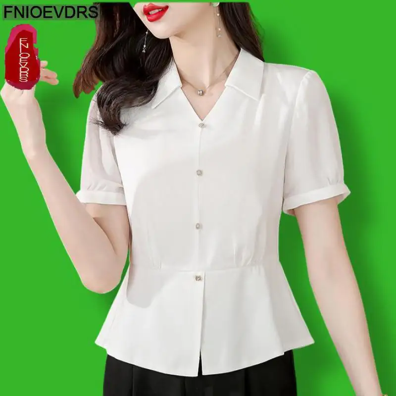 

S-3XL 2024 Summer Peplum Tops Women Basic Wear Office Lady V Neck Ruffles Elegant Button White Shirts Blouses
