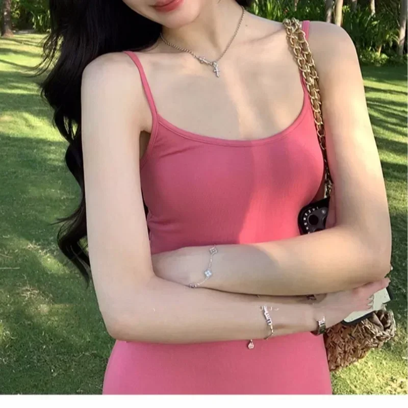 섹시한 연예인 스타일 단색 원피스 여성, 서스펜더 긴 원피스 슬림핏, 분위기 있는 휴가 캐주얼 원피스, 여름 신상