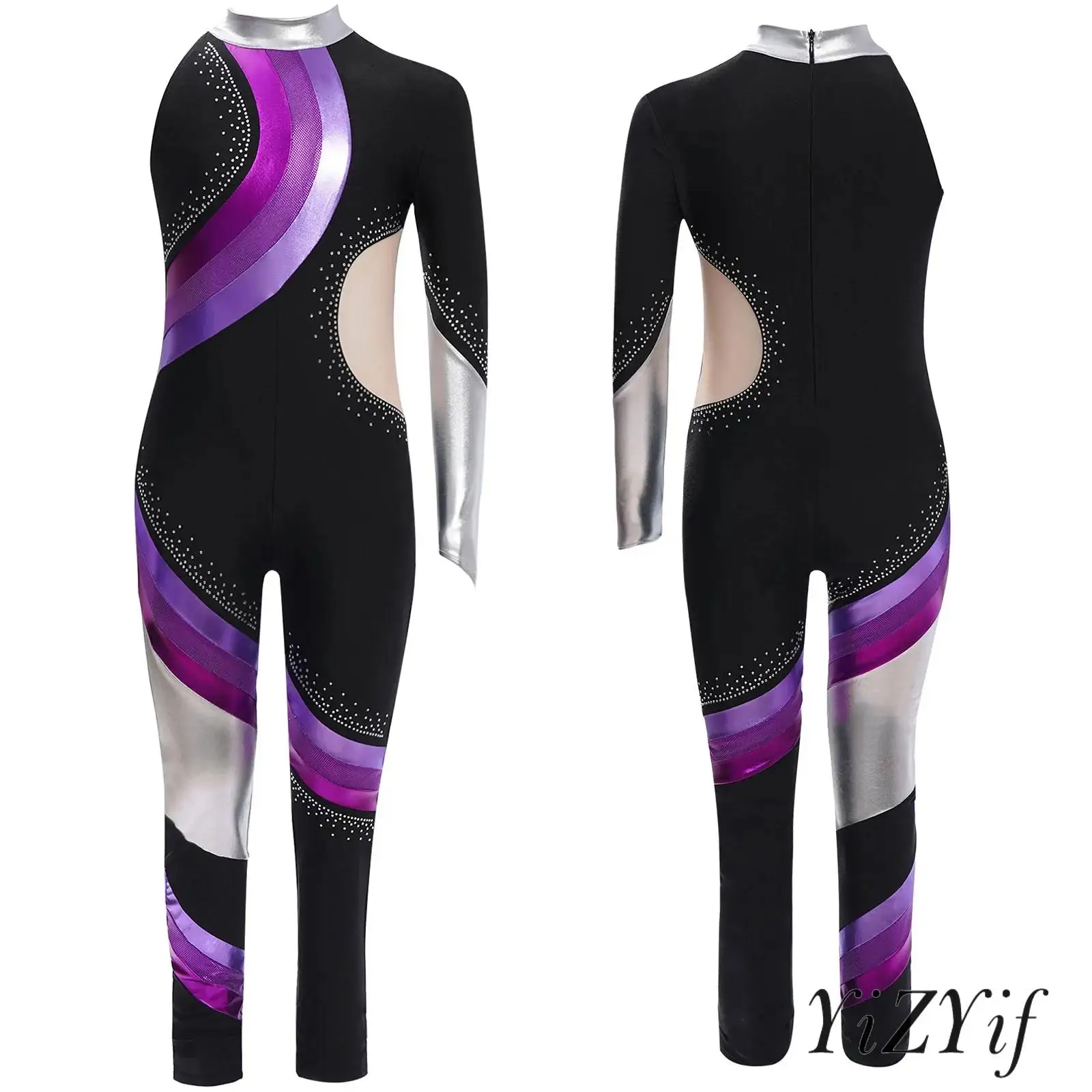 

Kids Girls Rhythmic Gymnastics Jumpsuit Asymmetrical Color Block Shiny Rhinestones Full Length Bodysuit Dance Practice Costume