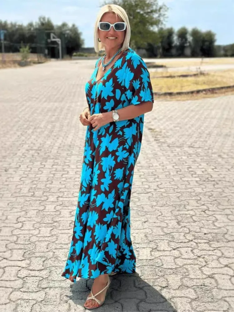 Fashion V-neck Short-sleeved Loose Dress For Women Spring And Summer Elegant Flower Printing Casual Loose Holiday Dresses Female