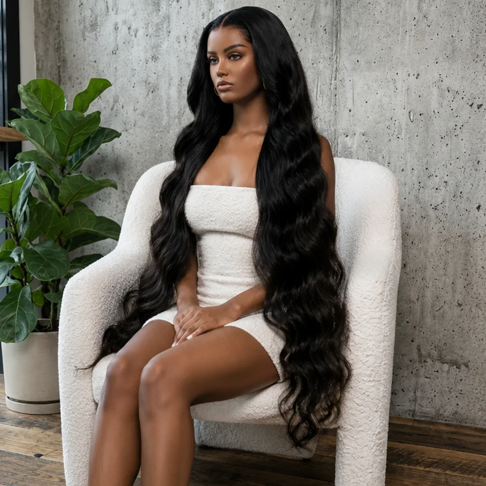 

Premium 40 Inch Extra Long 250% Density Natural Black 13x4 HD Lace Frontal Body Wave Bouncy Silky Soft 13x6 Pre Plucked Hairline Invisible Bleached Knots Remy Human Hair Wigs 5x5 Closure Wear and Go Tape Free Thick Full Ends