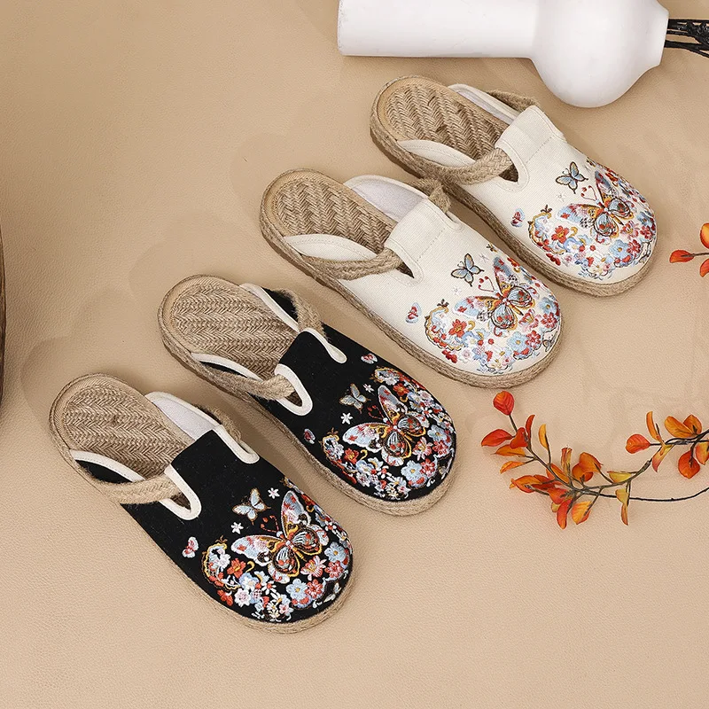 

Women Slippers,Linen Shoes Causal Walking Shoes Ladies Outside and Home Flip Flops Sandals Butterfly Retro Ethnic Fashion Style