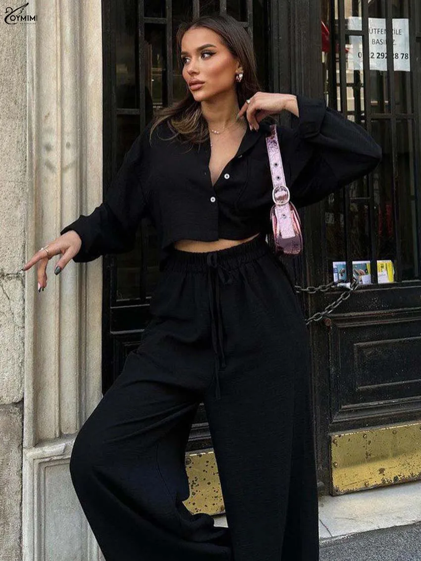 Oymimi Casual Pink Cotton Two Piece Set Woman Fashion New Long Sleeve Button Pockets Shirts And Drawstring Simple Trousers Sets