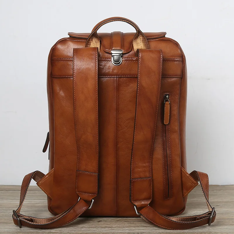 NZPJ Männer Leder Rucksack Natürliche Rindsleder Casual Computer Tasche Retro Hohe Kapazität Schule Tasche Trendy Männer Tasche Für 15,6 Zoll laptop – Detail 19