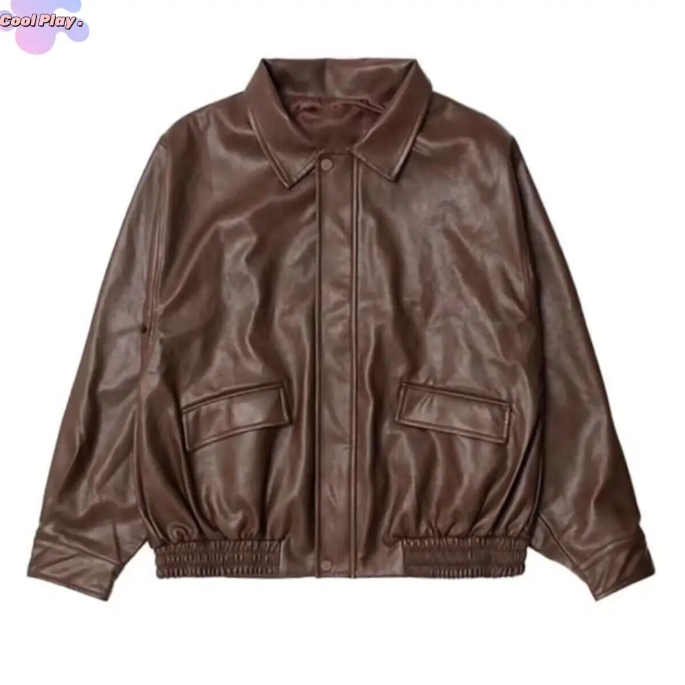 

Sweet Pleated Leather Jacket Women Korean Chic Lapel Collar Zipper Overcoat Retro Outerwear Vintage PU Coats Women