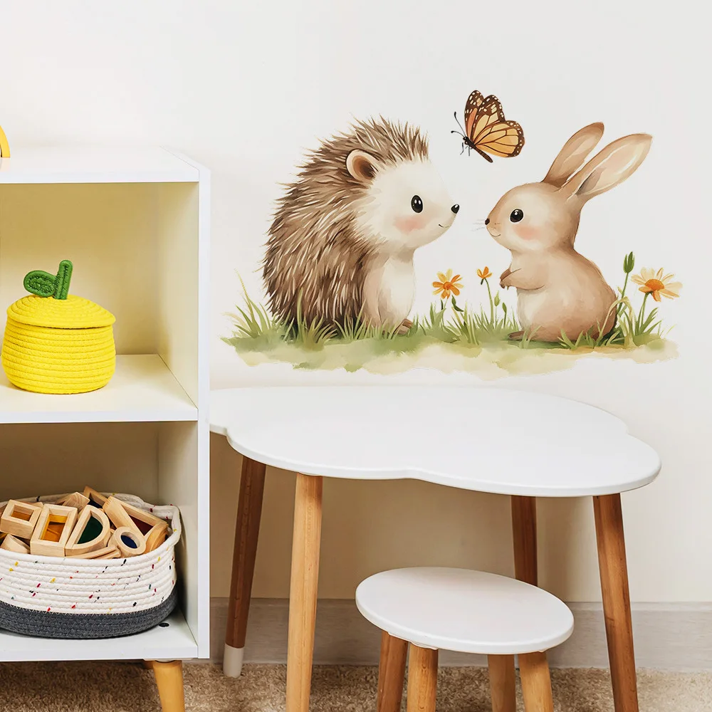 Cartoon Hedgehog Rabbit Wall Sticker Kids Room Background Decor Mural Baby Bedroom Beautify Home Decoration Self-adhesive Decals