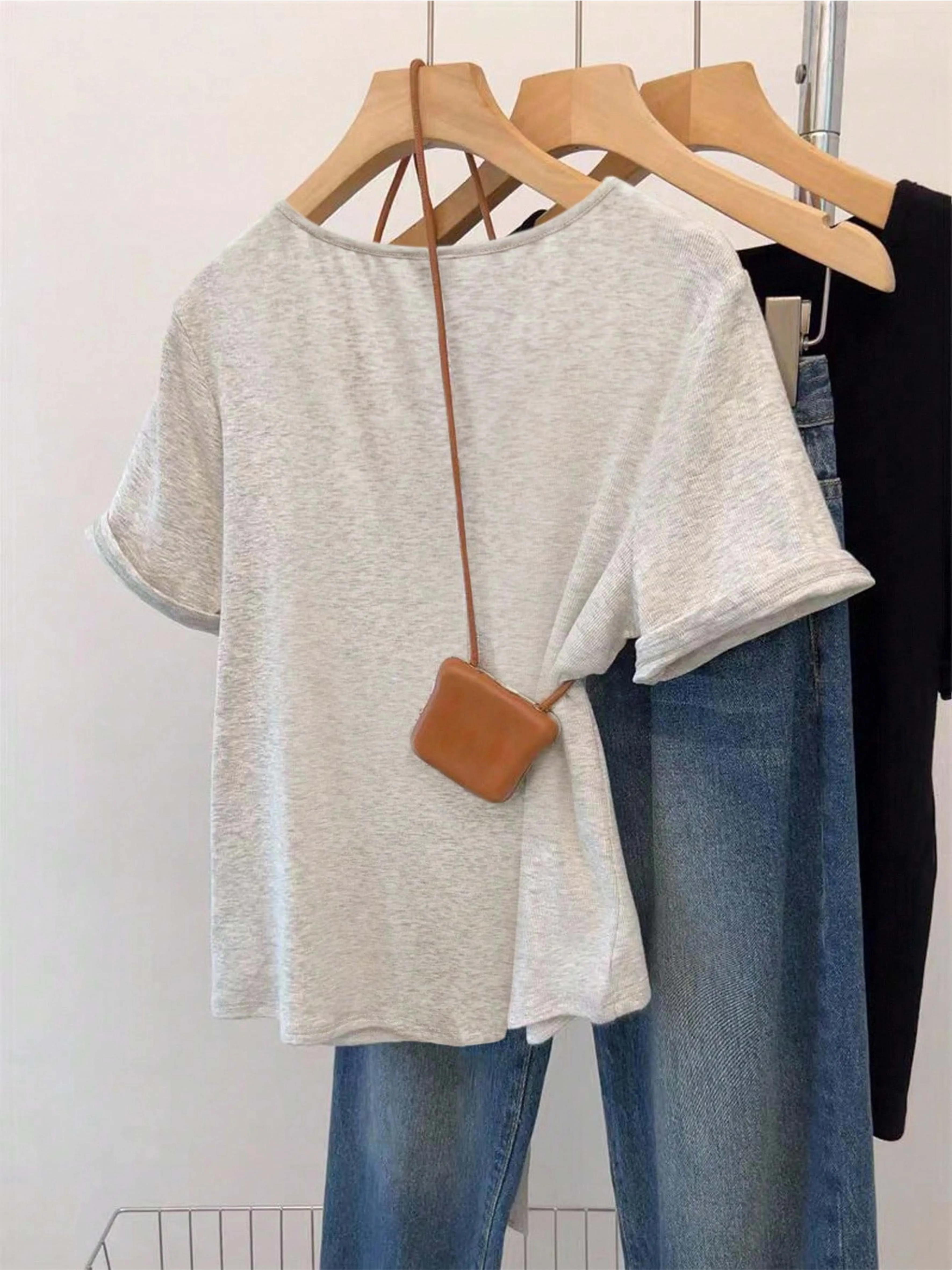 Women's Fashion Casual Retro Simple Mori‑style Sexy Commuter Button Short‑sleeve T‑shirt, Ideal for Daily Wear, Urban Leisure,