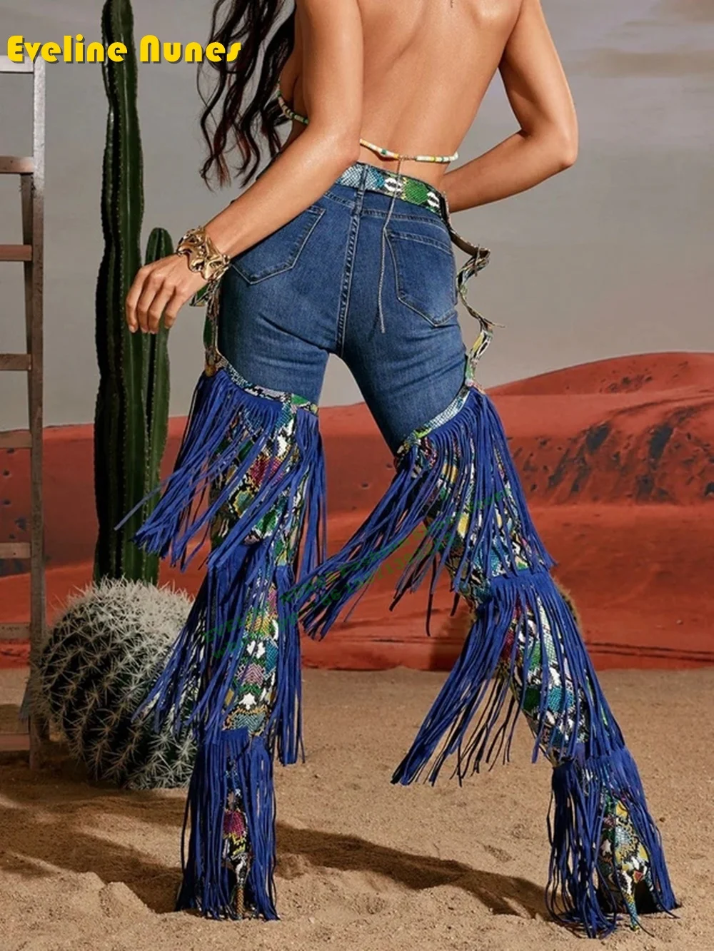 Woman Blue Fringed Belt Long Boots Lady Tassel Stiletto Heels Pointed Toe Over The Knee Boots Big Size As Picture 2024 Winter