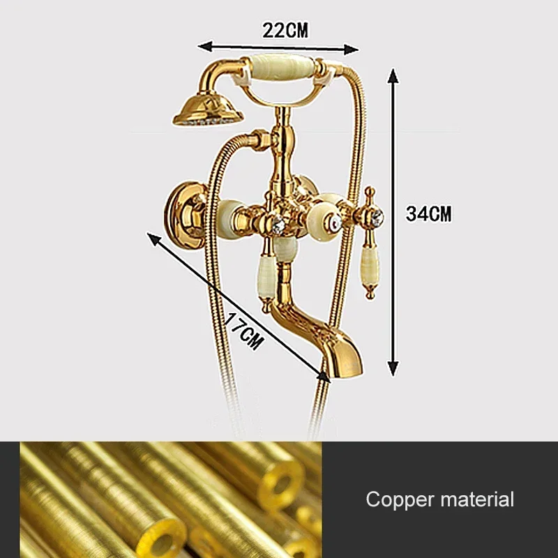 Gold Bath Shower Faucet Wall Mounted Bathtub Faucet With Hand Shower Jade Handle Dual Handle Hot and Cold Water Mixer Tap