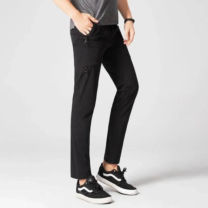 Inteligente casual calças de secagem rápida em linha reta magro ajuste cintura jogger coreano clássico preto masculino marca calças com cinto carga calças