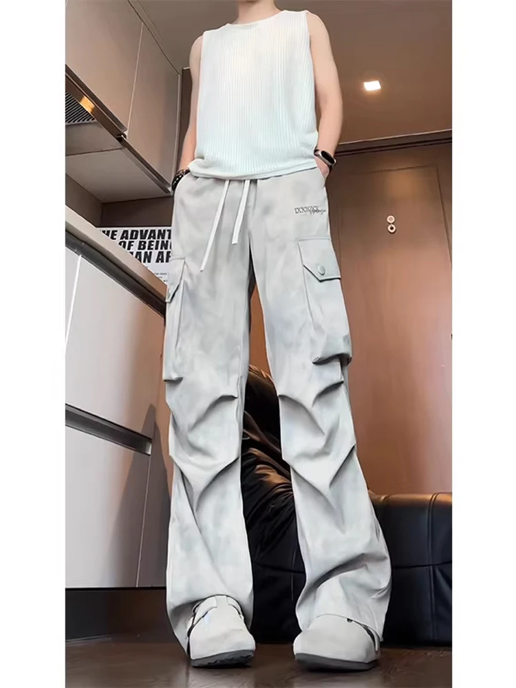 

Мужские брюки-карго в стиле тай-дай, свободные, прямого кроя, в американском стиле, ветрозащитные, большие размеры, прочные, повседневные