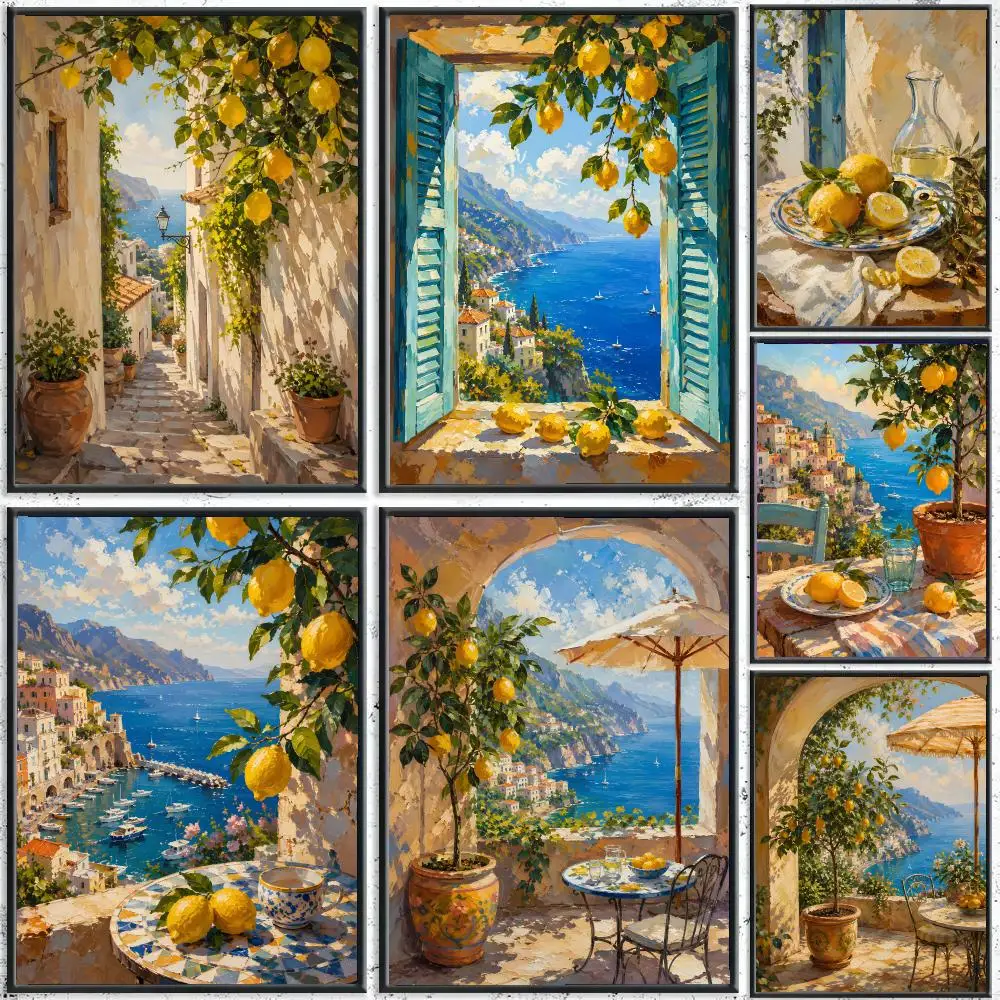 Amalfiküsten-Zitronen-Seelandschaft Ölgemälde Poster Kunst HD Hochwertiger Ästhetischer Druck Papier Wandkunst für Wohnzimmer Heimdekoration