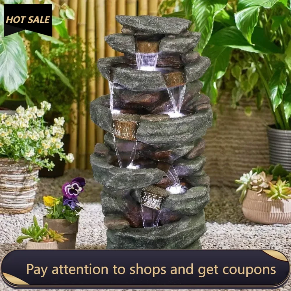 

40.5” High Rocks Outdoor Water Fountain - 6-Tiers Cascading Waterfall with LED Lights, Soothing Tranquility for Home Garden