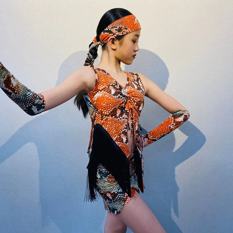 Traje de baile latino con diseño de serpiente naranja para niña, ropa de práctica de baile Tango Samba, ropa para actuación en escenario Cha para niños VBH1300