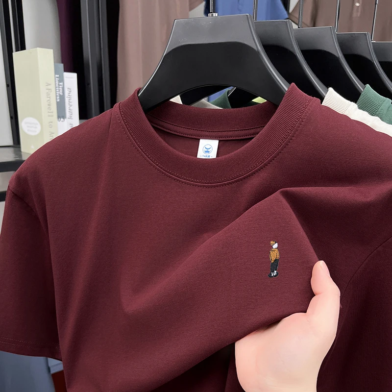 Man High-End T-Shirt Embroid Round Neck Solid Color Summer New Top Japan-Style Fashion Short Sleeve Leisure Versatile Simple Hot
