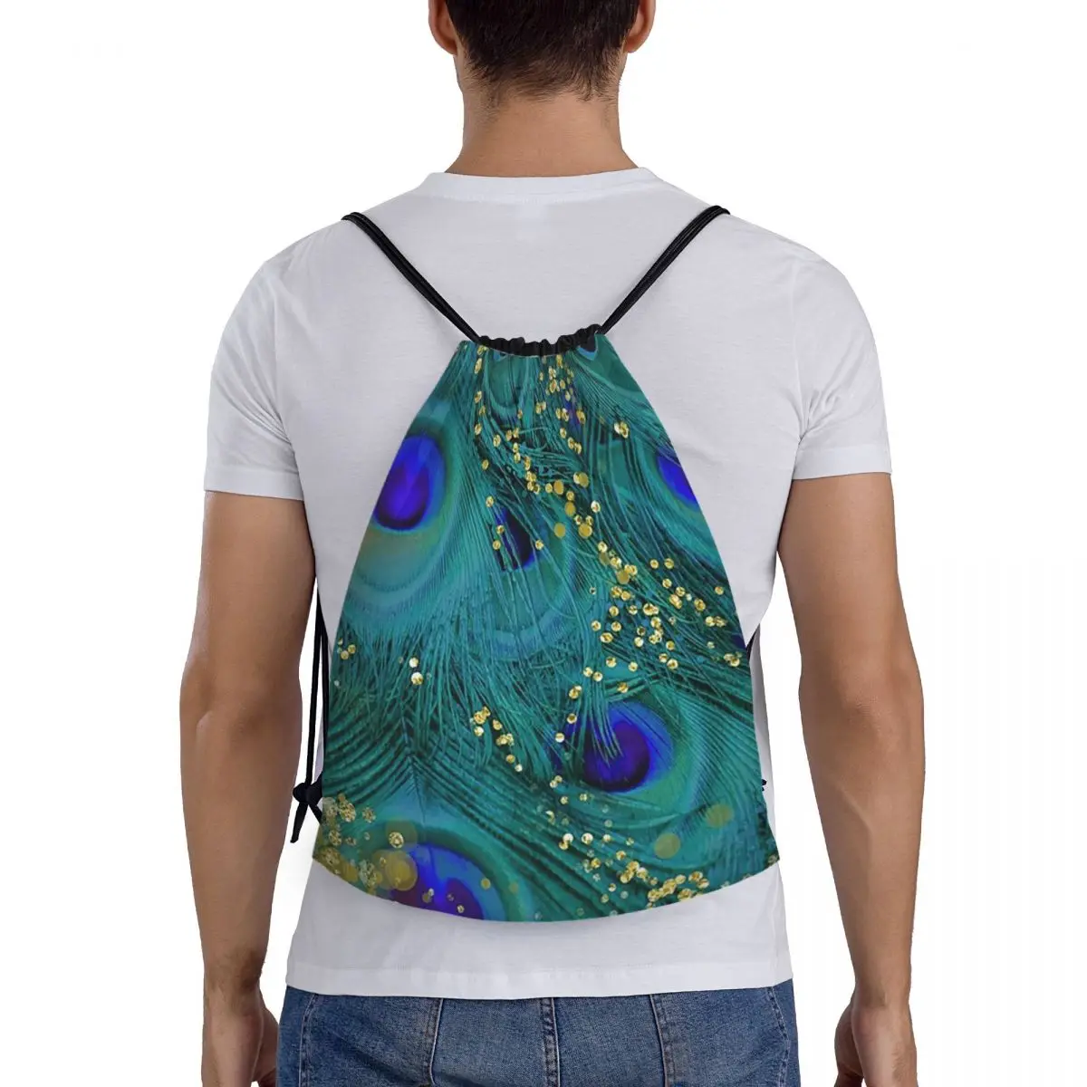 

Dreamy Peacock Feathers Backpacks Casual Portable Drawstring Bags Sundries Bag Book Bags For Man Woman Students