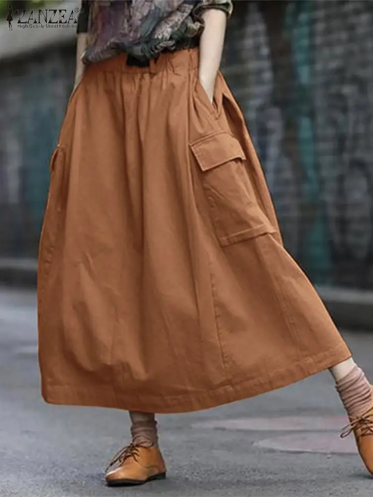 ZANZEA Oversized Elastic High Waist Midi Skirts 2024 Women Casual Loose Long Skirt With Pockets Solid Color Fashion Cargo Skirts