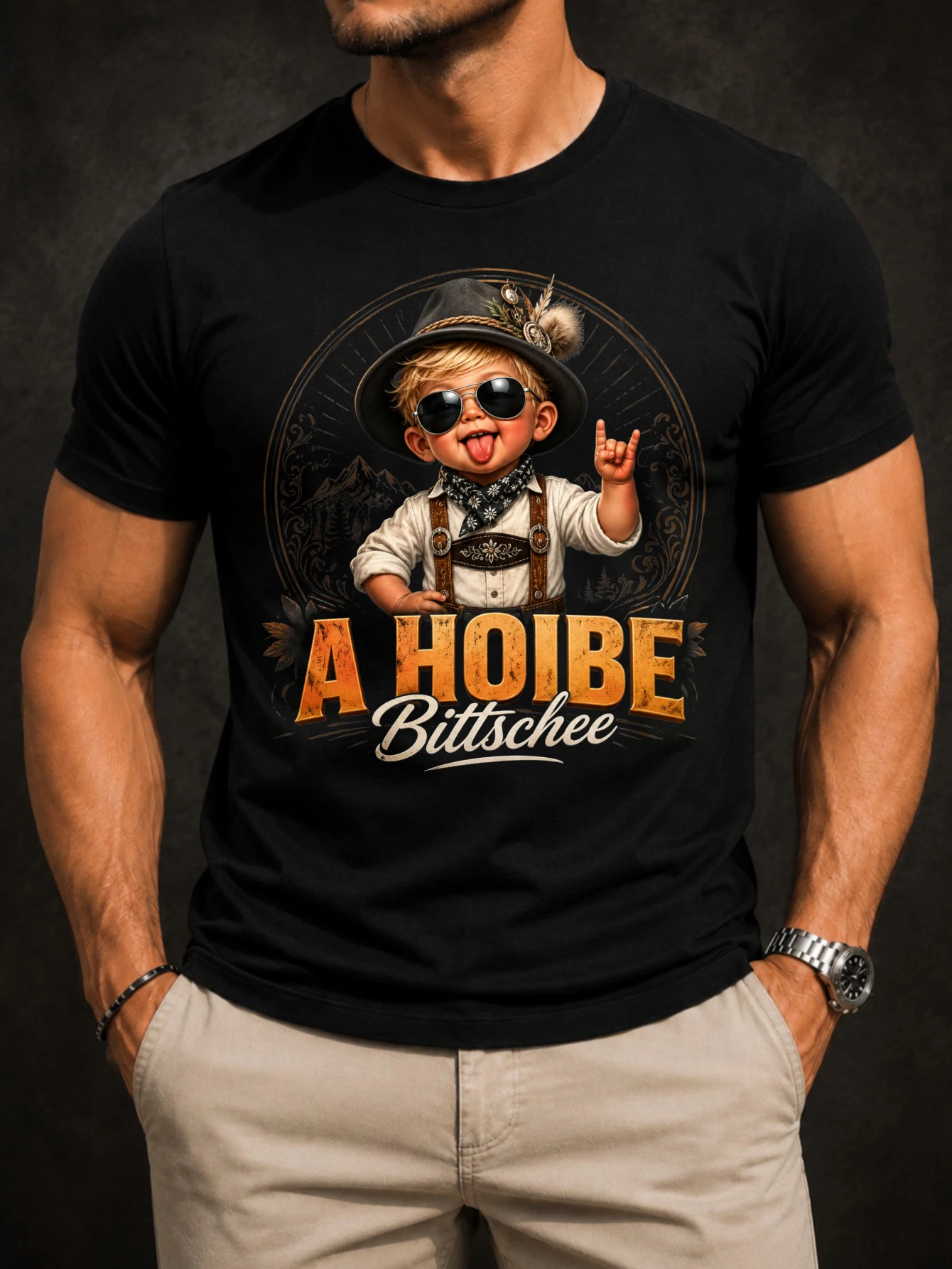 Bavarian A Hoibe Bitte With Cute In Traditional Outfit Alpine Headwear And Rustic Lettering mes  Unisex All T-Shirt