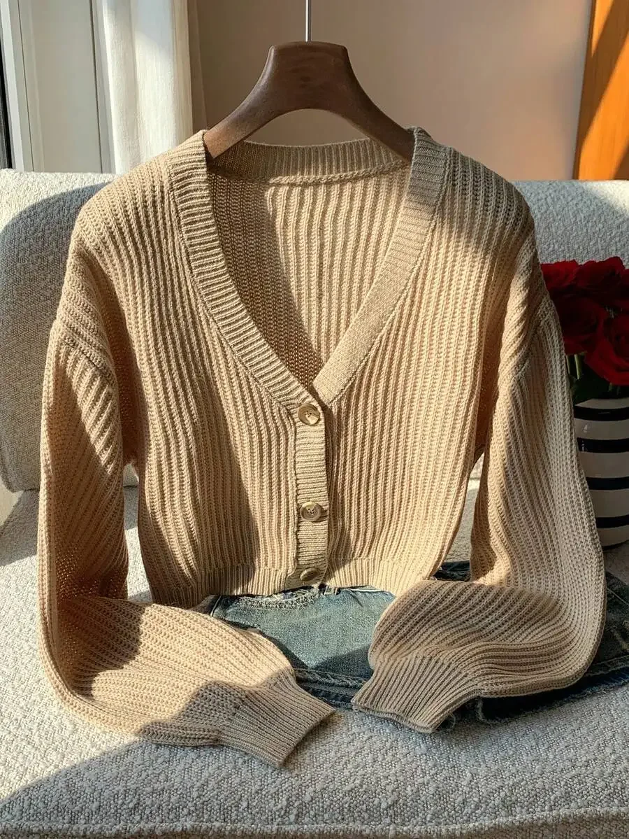 

Rib Knit V-Neck Lantern Sleeve Button Front Cardigan Casual Sweater For Women