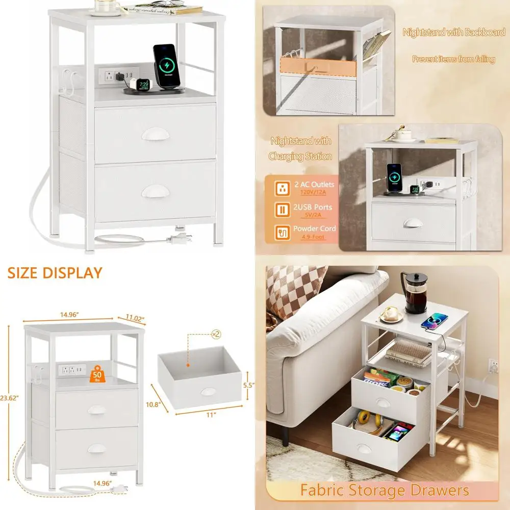 

White Charging Station End Table, Fabric Drawer Nightstand, USB & Outlet Side Tables, Storage Shelf Night Stand with Hooks