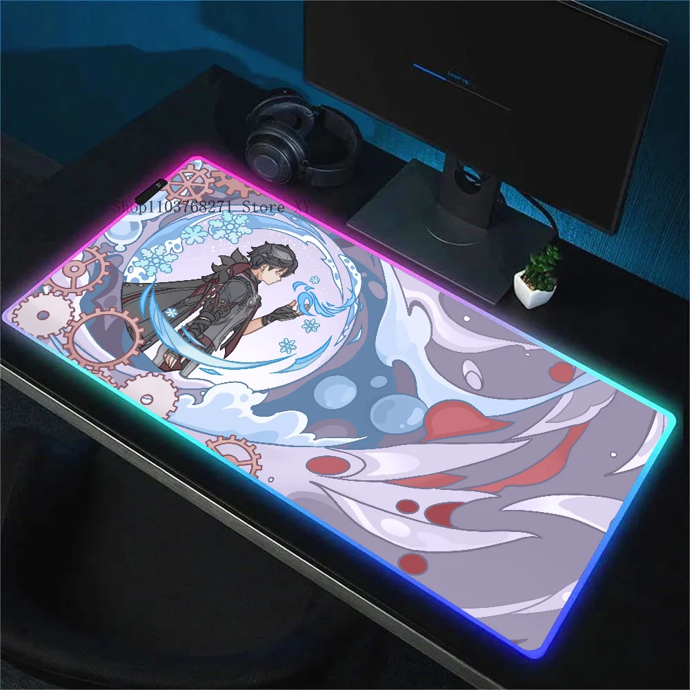 Genshin Impact Wriothesley Mousepad XXL RGB وسادات ماوس الألعاب HD ملحقات الألعاب السوداء LED الكبيرة