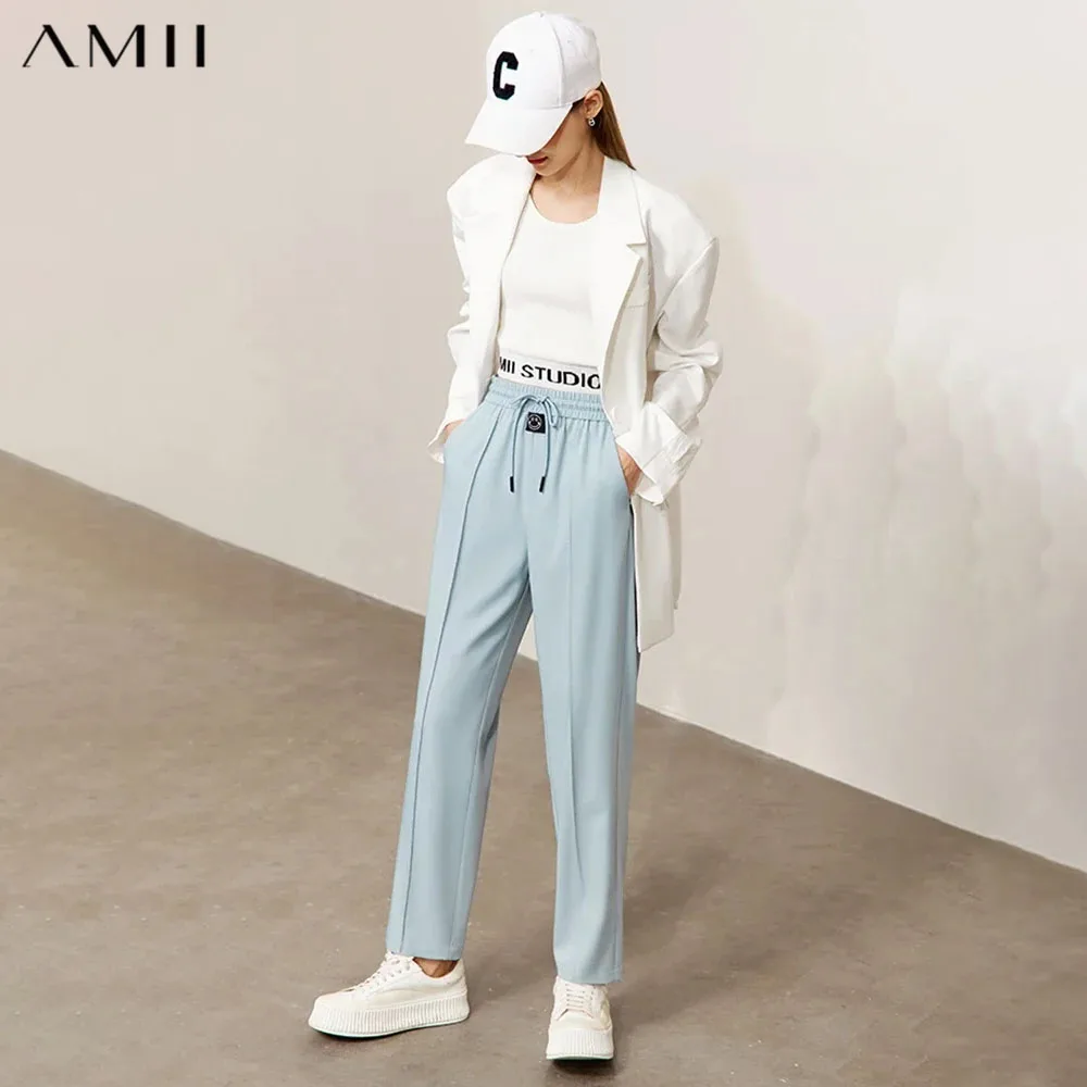 AMII Women's Minimalism Casual Pants 2026 Autumn New Straight Smile Pattern Versatile Office Lady Long Harem Pantalones 12341103