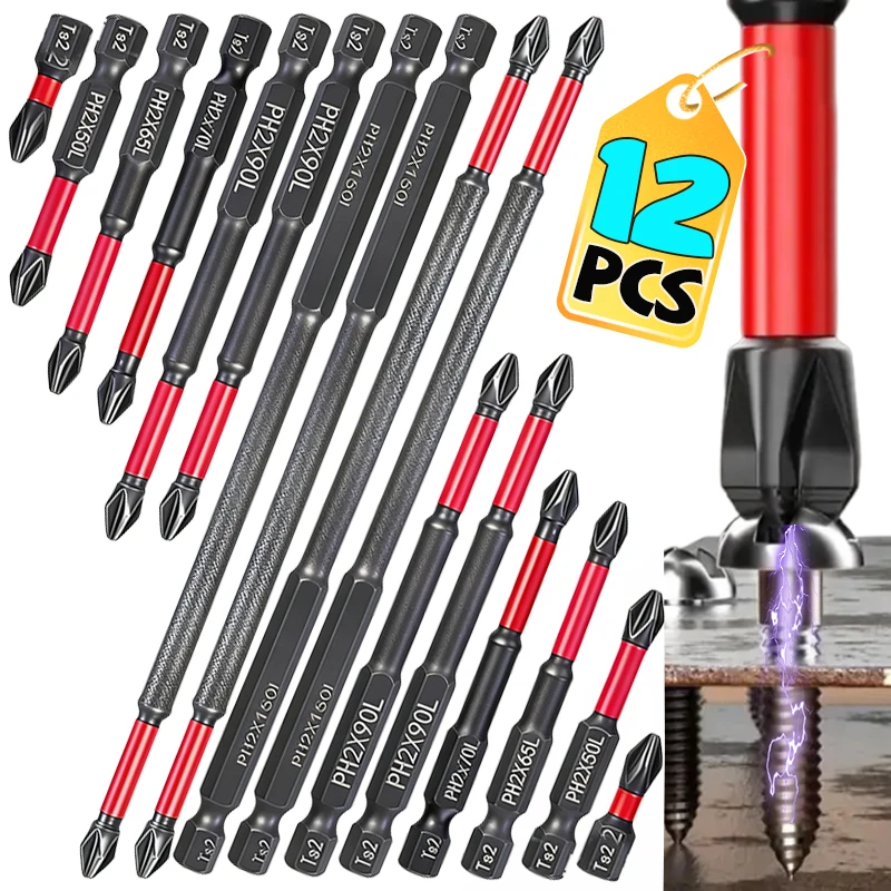 

12x Magnetic Non-Slip Drill Bit Set S2 Alloy Hex Shank Crosshead Impact Drill Bits Home Carpentry Car Repair Power Tools Adapter