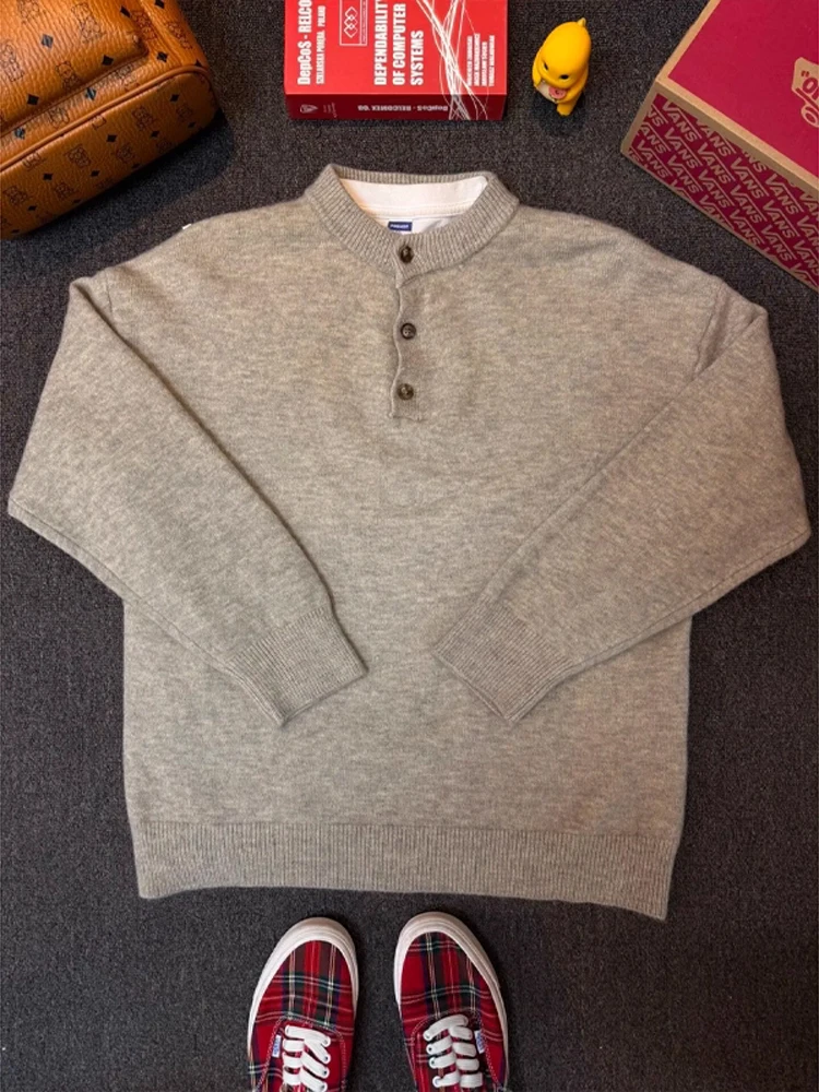 Men's Knitted Henry Collar Sweater Autumn Lazy Sle High-End Knitwear American Retro Base irt Soft Polyester Blend Long Sl...