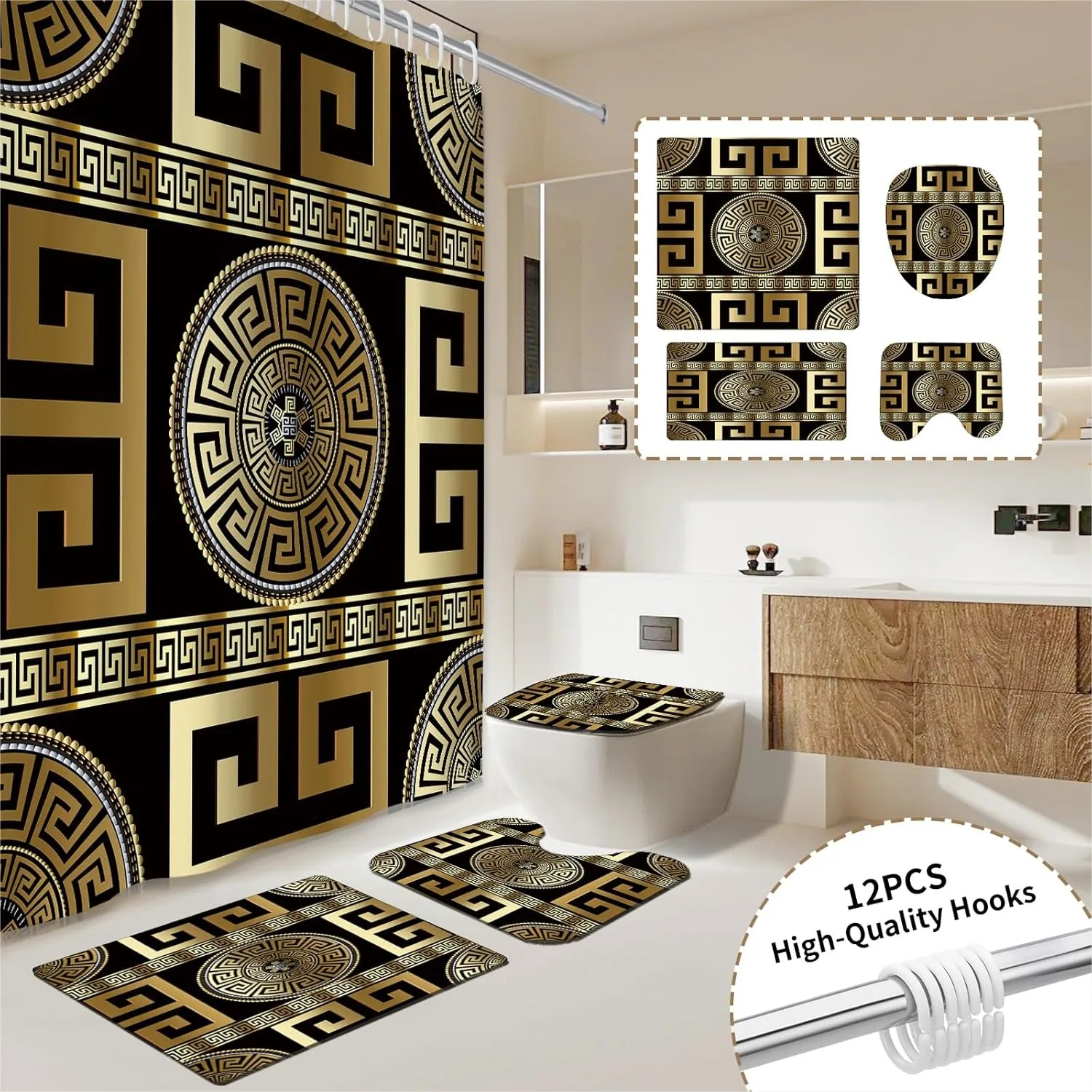 

4PCS Black Gold Geometric Print Fabric Shower Curtain Set, Waterproof Non-Slip Bath Mat, 12 Hooks, 71x71
