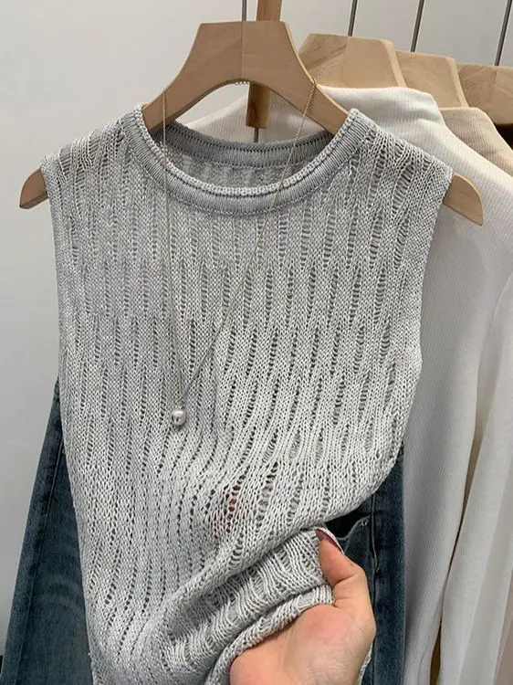 Unikatowa dzianinowa ażurowa kamizelka damska letnia luksusowa bluzka z wysokiej jakości mieszanki wełny odprowadzająca wilgoć okrągły dekolt