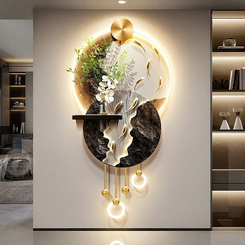 Light Luxury Nine Fish Painting, Entrance Decoration Painting, Hydroponic Green Plants, Corridor, Three-dimensional Mural Lamp