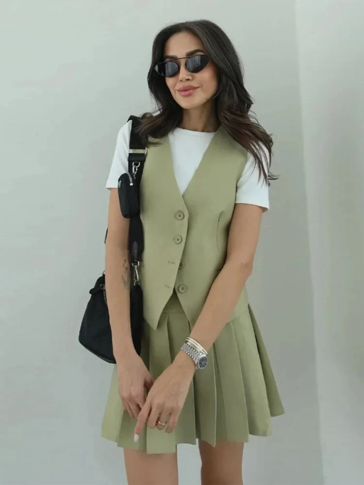 

Однобортный жилет, плиссированные юбки, костюм, женский однотонный жилет с v-образным вырезом и пуговицами, сексуальные комплекты мини-юбок, летняя женская одежда