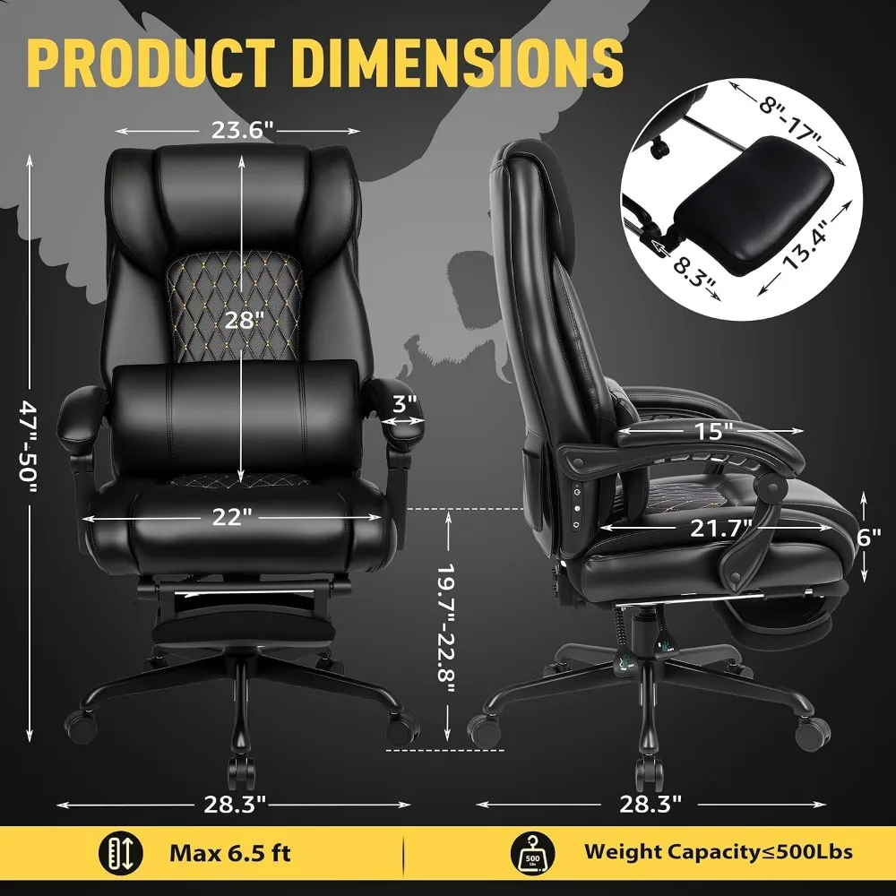 3D Kneading Massage Office Chair with Heat, 500 lbs Big Tall Executive Recliner, Footrest, Black