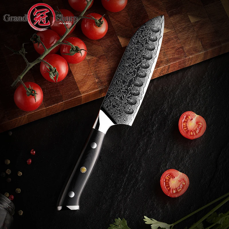 GRANDSHARP 5 Inch Santoku Knife AUS-10 Japanese Damascus Stainless Steel 67 Layers Japanese Damascus Kitchen Knives G10 Handle