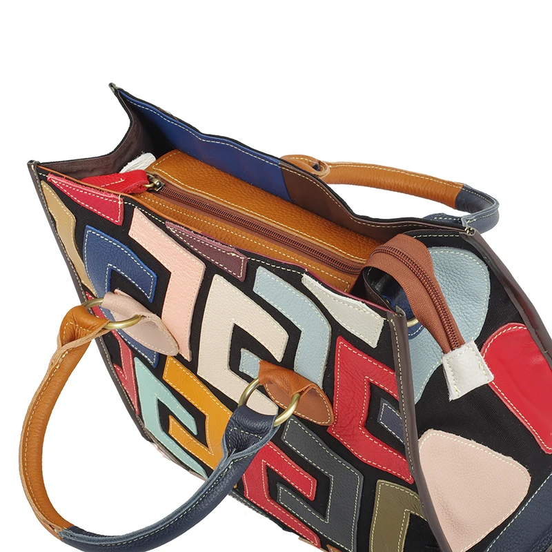 Prawdziwa skóra bydlęca ręcznie szyta torba z losowymi kontrastowymi kolorami, na co dzień ręczna torba crossbody dla kobiet