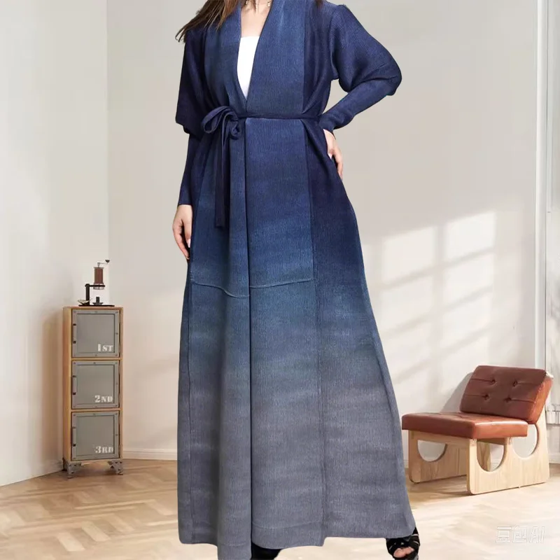 

Abaya Miyake Pleated Trench Coat Muslim Robe Plus Size Women's Fold Trench Coat Jacket Premium Sense Gradient Print Pleat Jacket