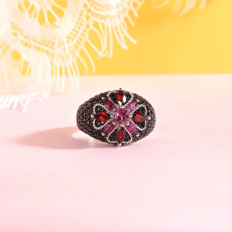 GZ ZONGFA 100% Natural Garnet Rhodolite Rings for Women 925 Sterling Silver Flower Rings Fine Jewelry Birthday Gifts