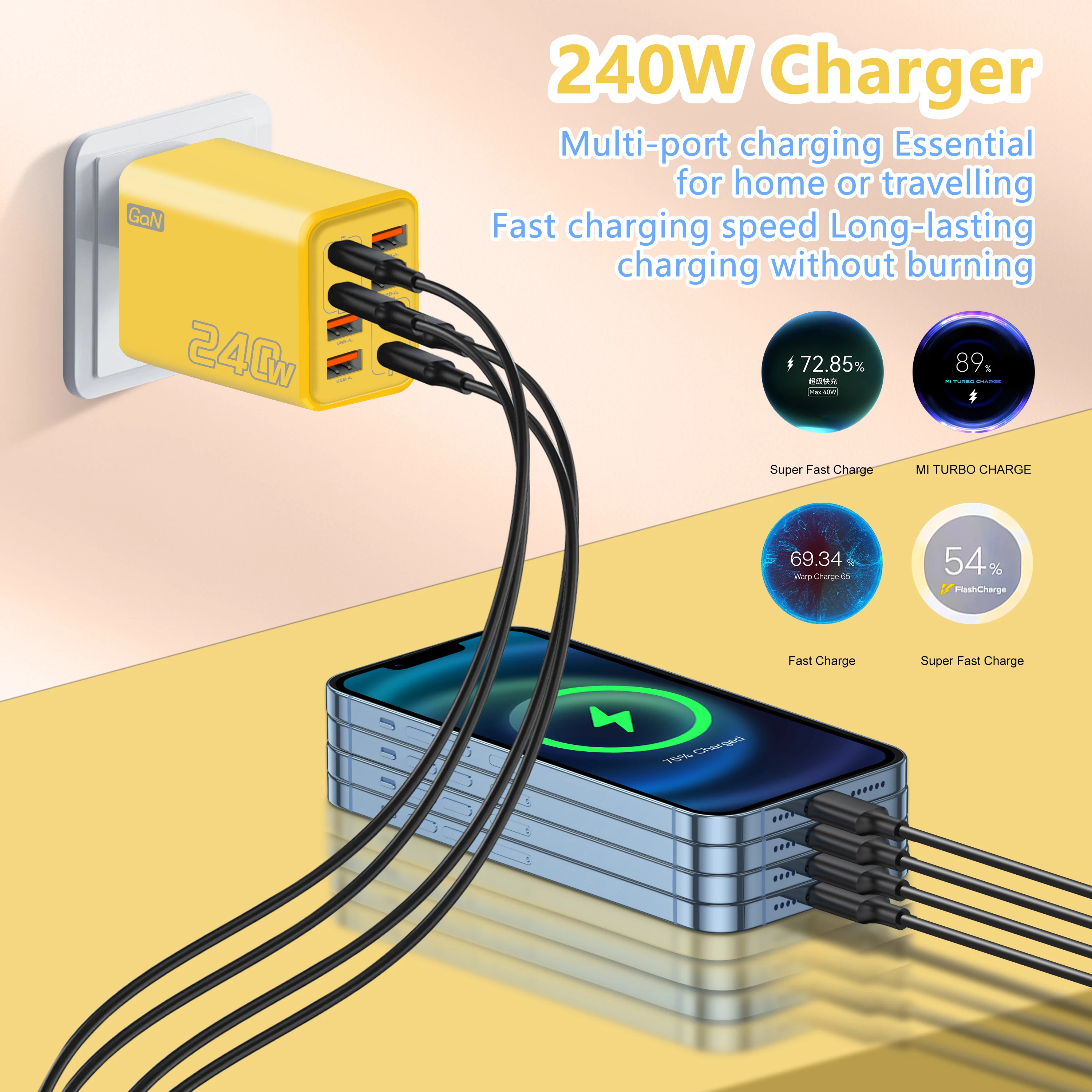 8-in-1 GaN USB-C Desktop-Ladegerät 240W Schnellladegerät mit Typ-C-Kabel für iPhone, Samsung, Xiaomi, EU/US/UK-Stecker – Detail 3